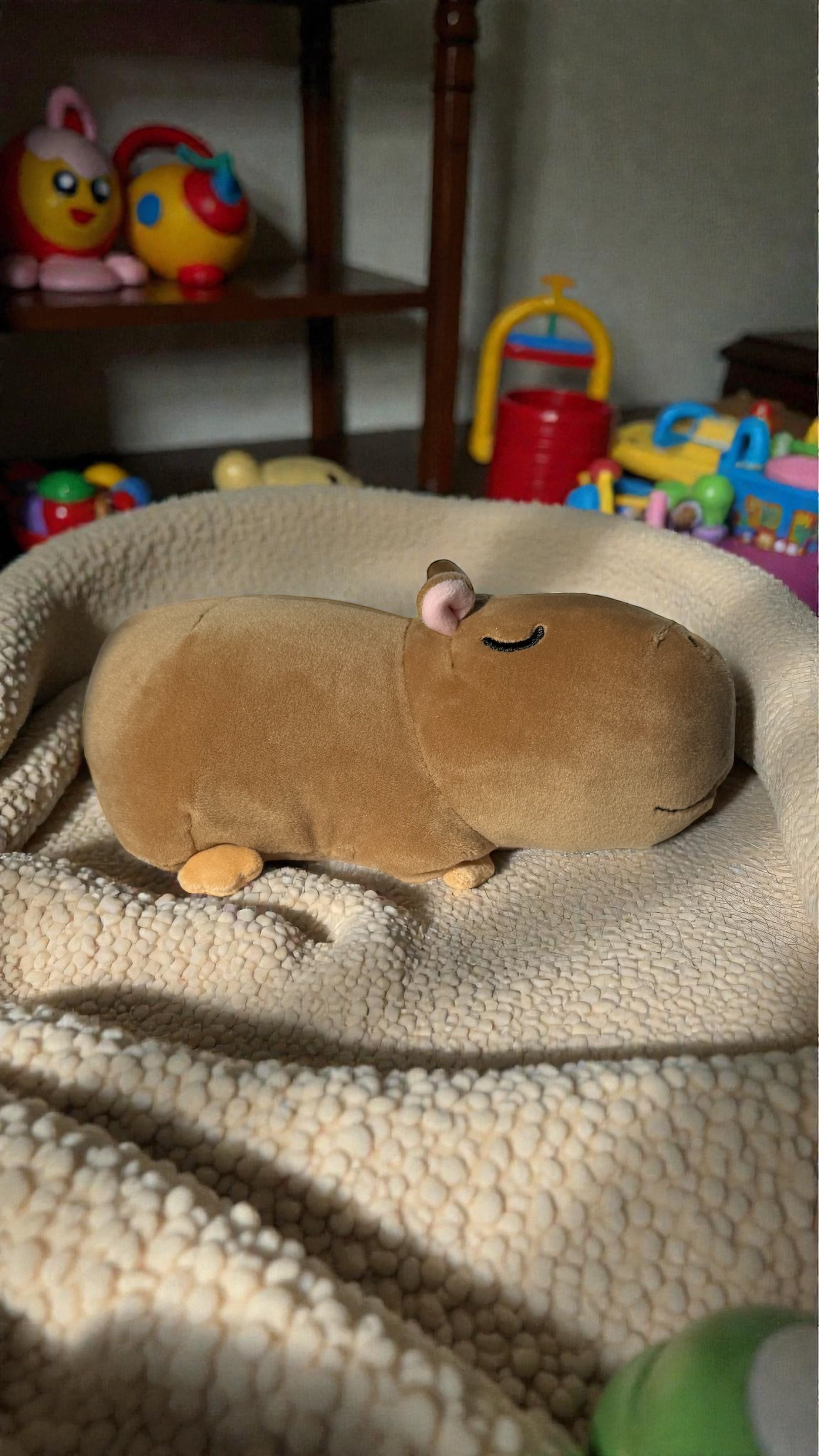 Capybara plush toy on soft sherpa blanket in kid's playroom with colorful toys