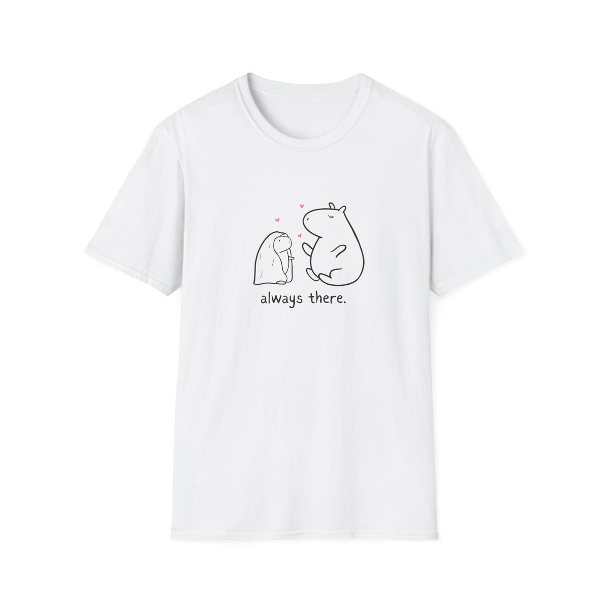 Capy Life white softstyle t-shirt featuring a minimalist hand-drawn capybara and bunny with hearts and always there text