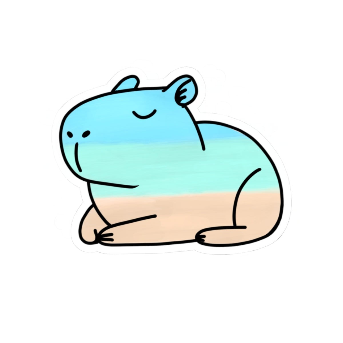 Capy Life beach capybara sticker with watercolor blue, turquoise, and sandy beige layers in a relaxed sitting pose.