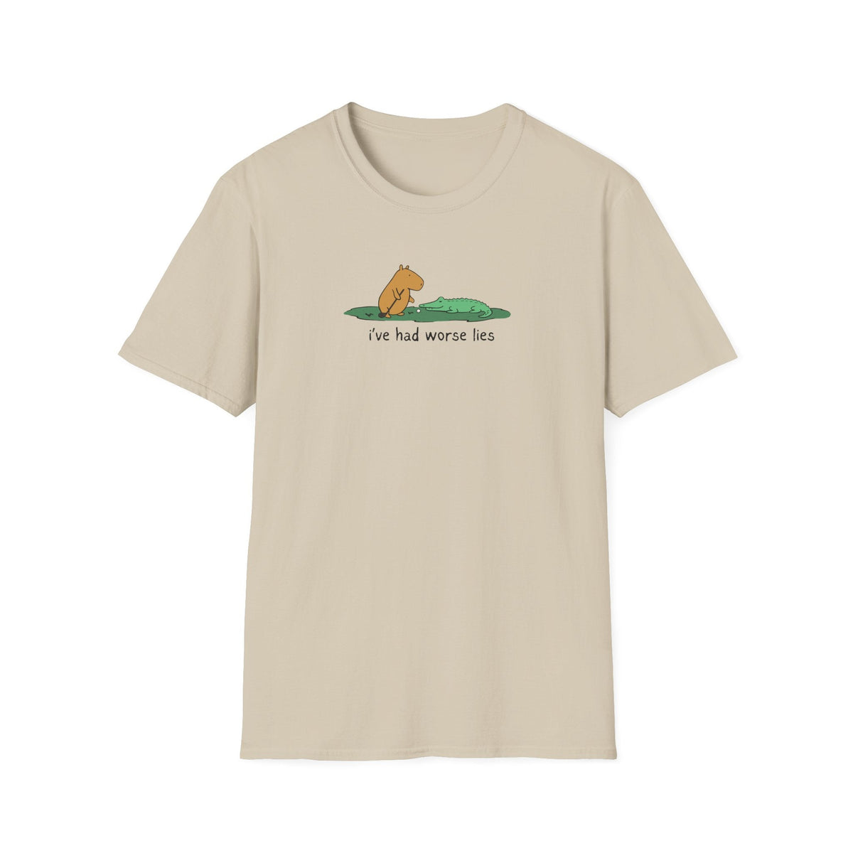 Capy Life beige softstyle t-shirt featuring a hand-drawn illustration of Gene the capybara and an alligator.
