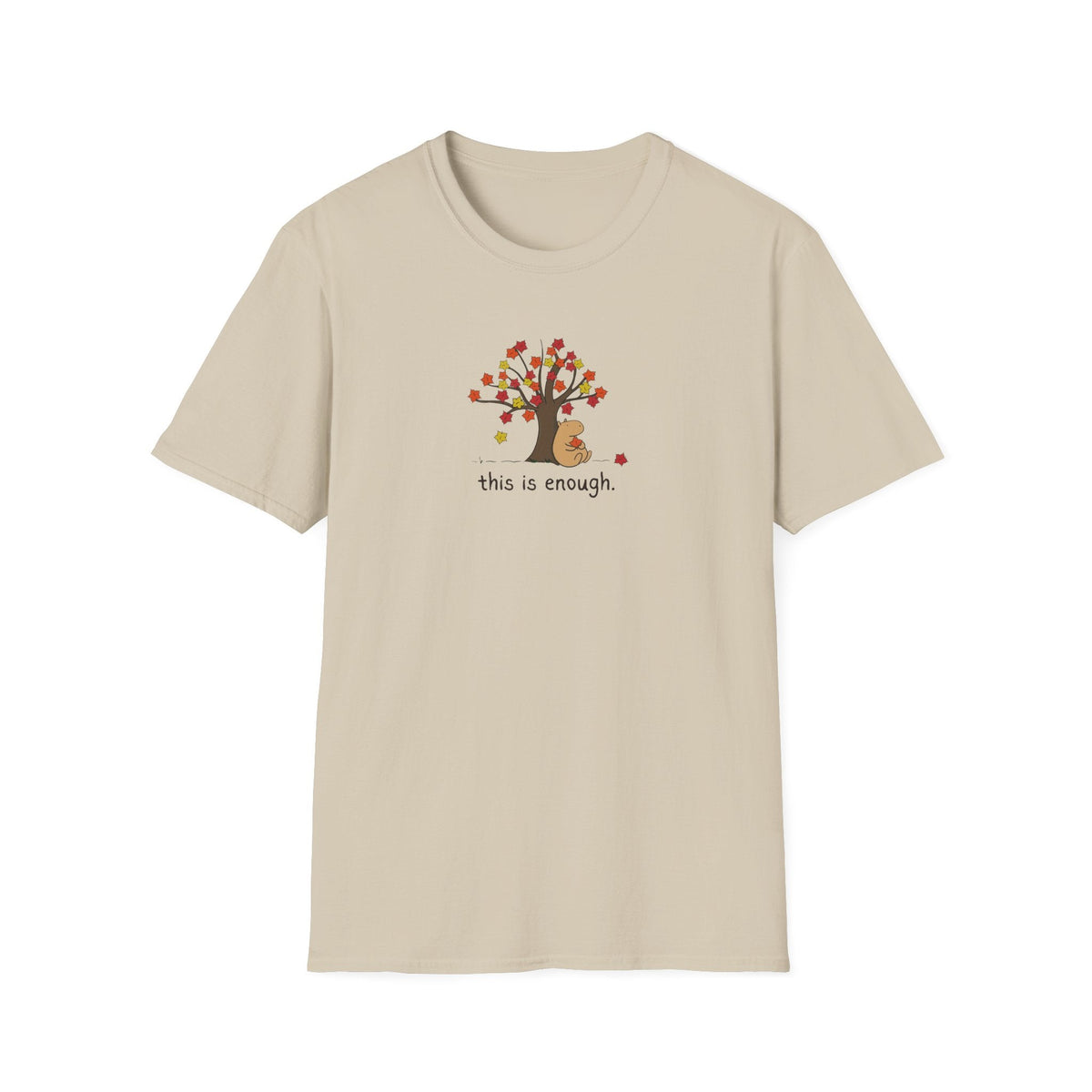 Capy Life softstyle t-shirt in beige featuring a hand-drawn capybara under an autumn tree with the text this is enough