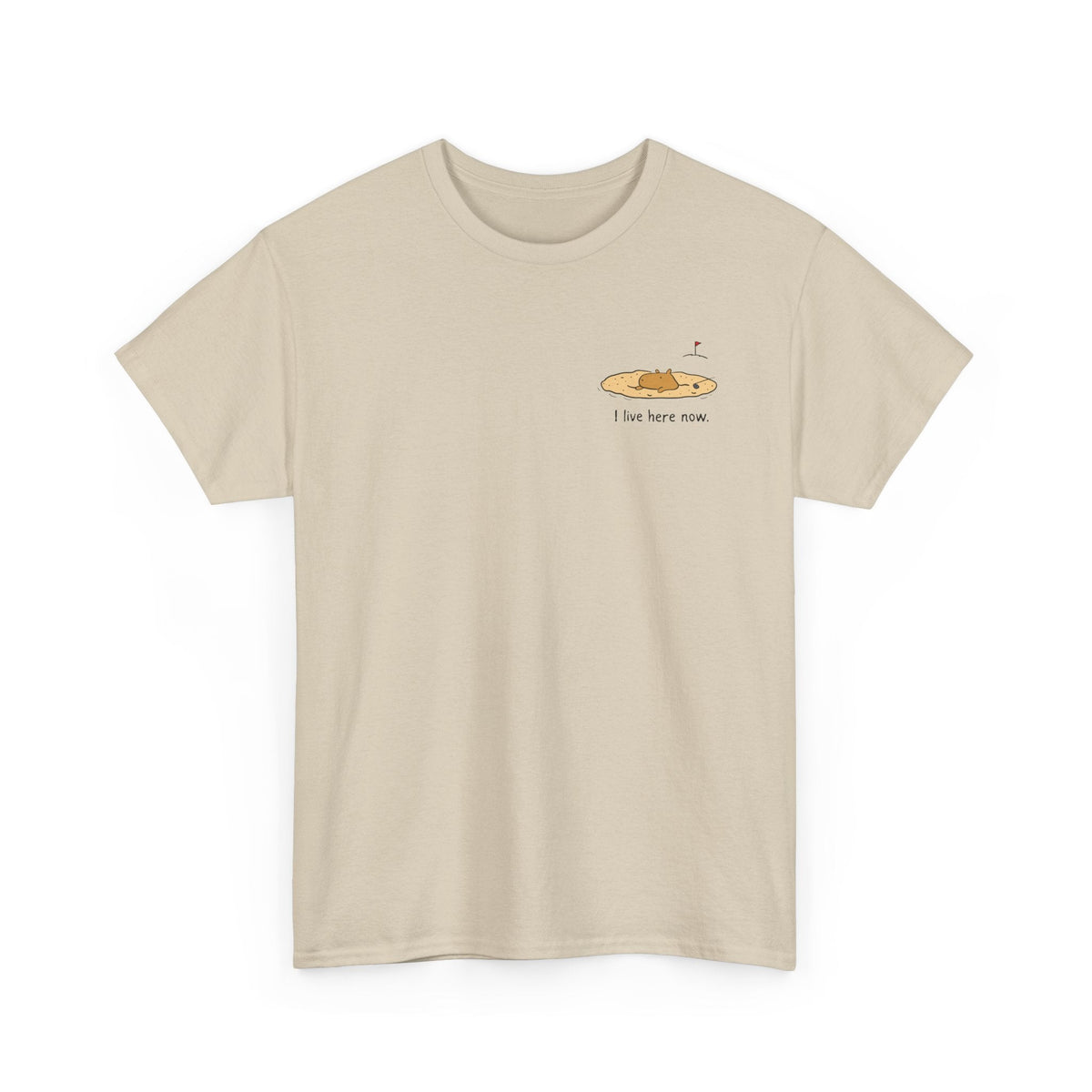 Capy Life beige heavyweight cotton t-shirt featuring a small left chest capybara in a sand bunker golf graphic.
