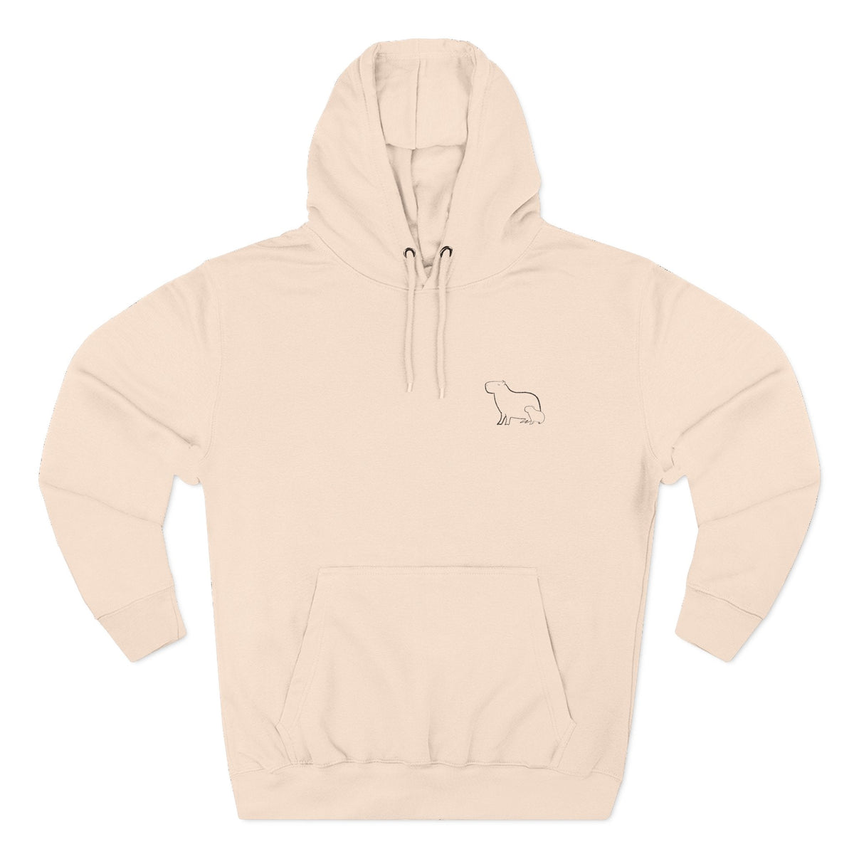 Capy Life beige unisex hoodie featuring a minimalist embroidered mama and baby capybara design on the left chest.