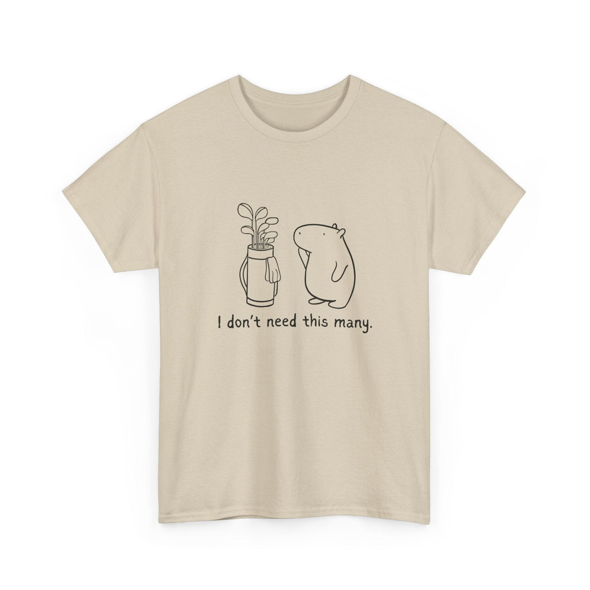 Capy Life beige heavy cotton t-shirt featuring a minimalist line art illustration of a capybara and golf clubs.