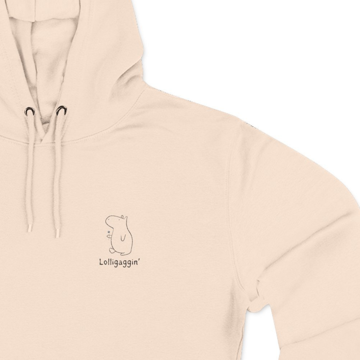 Capy Life cream-colored premium fleece hoodie featuring a small, minimalist embroidered capybara and the text Lolligaggin