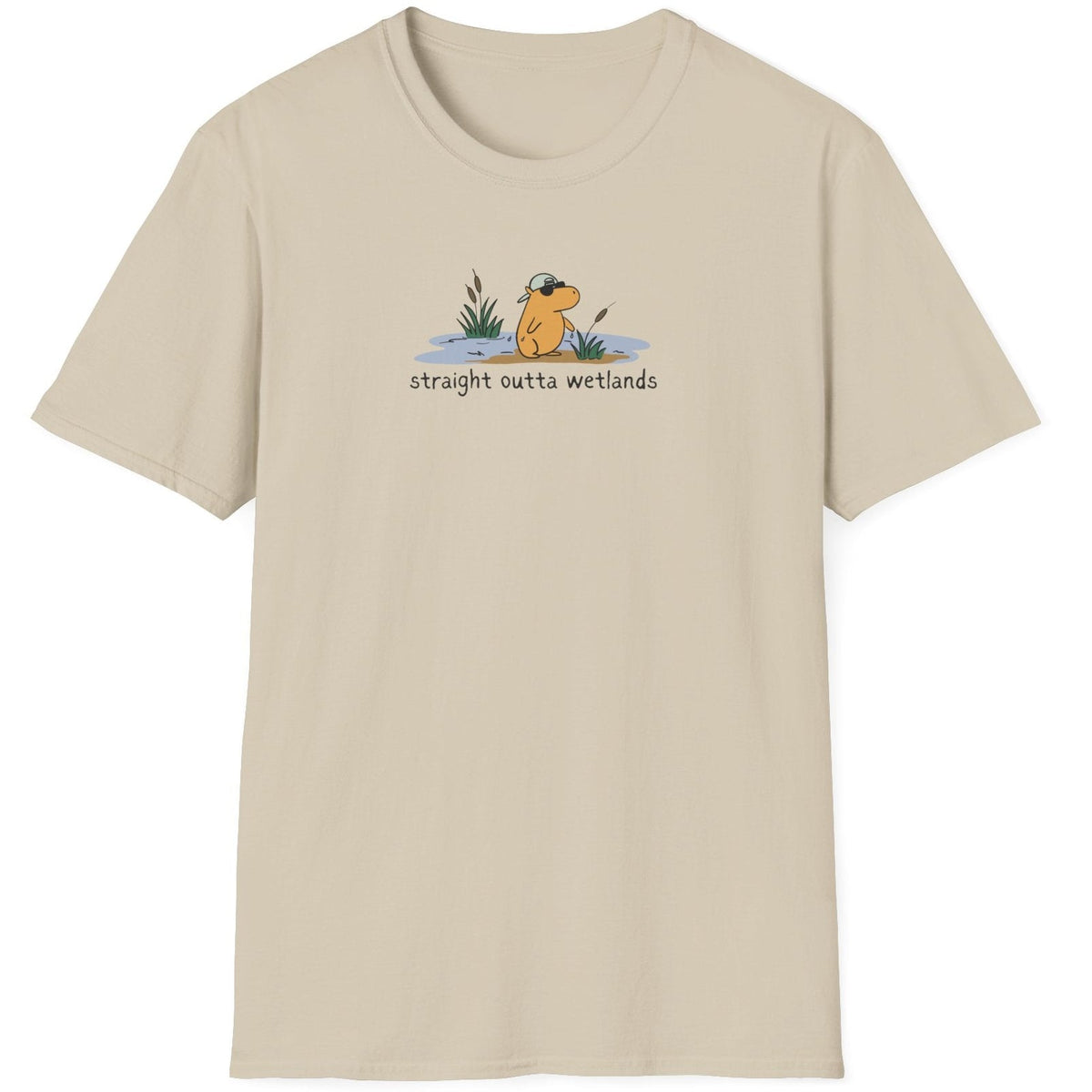 Capy Life beige softstyle t-shirt featuring a hand-drawn capybara in a backwards hat with Straight Outta Wetlands text