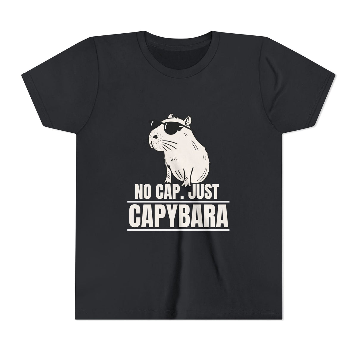 Capy Life youth black cotton t-shirt featuring a graphic of a cool capybara wearing sunglasses with text No Cap.