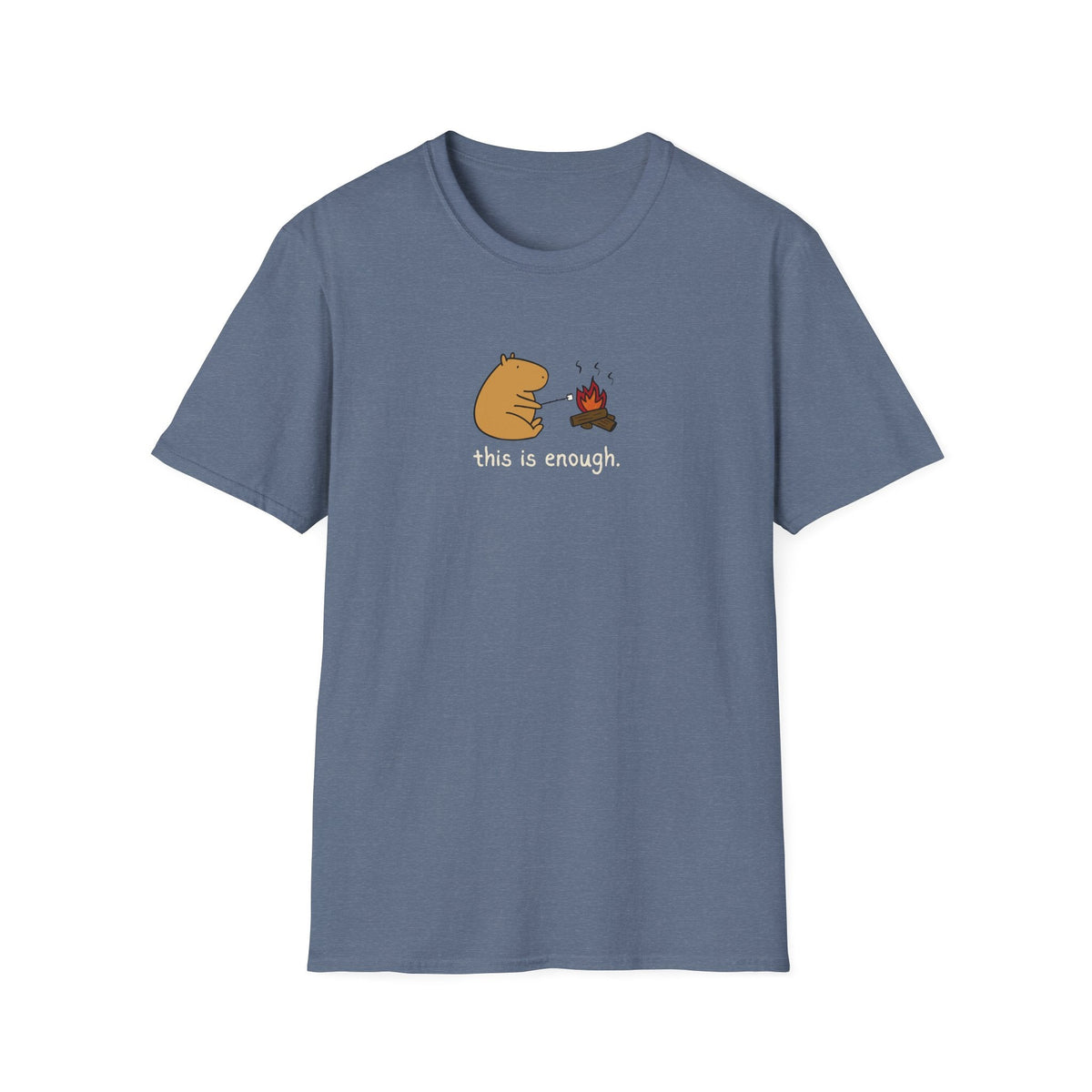 Capy Life blue softstyle t-shirt featuring a capybara roasting a marshmallow by a campfire with text This is enough.