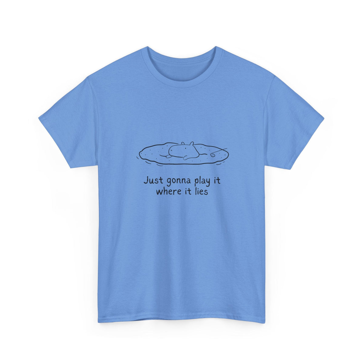 Capy Life light blue heavy cotton t-shirt featuring a minimalist illustration of Gene the Capybara playing golf.