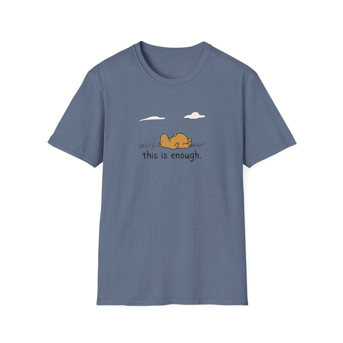 Capy Life blue softstyle graphic tee featuring a minimalist illustration of a relaxed capybara lying in the grass.
