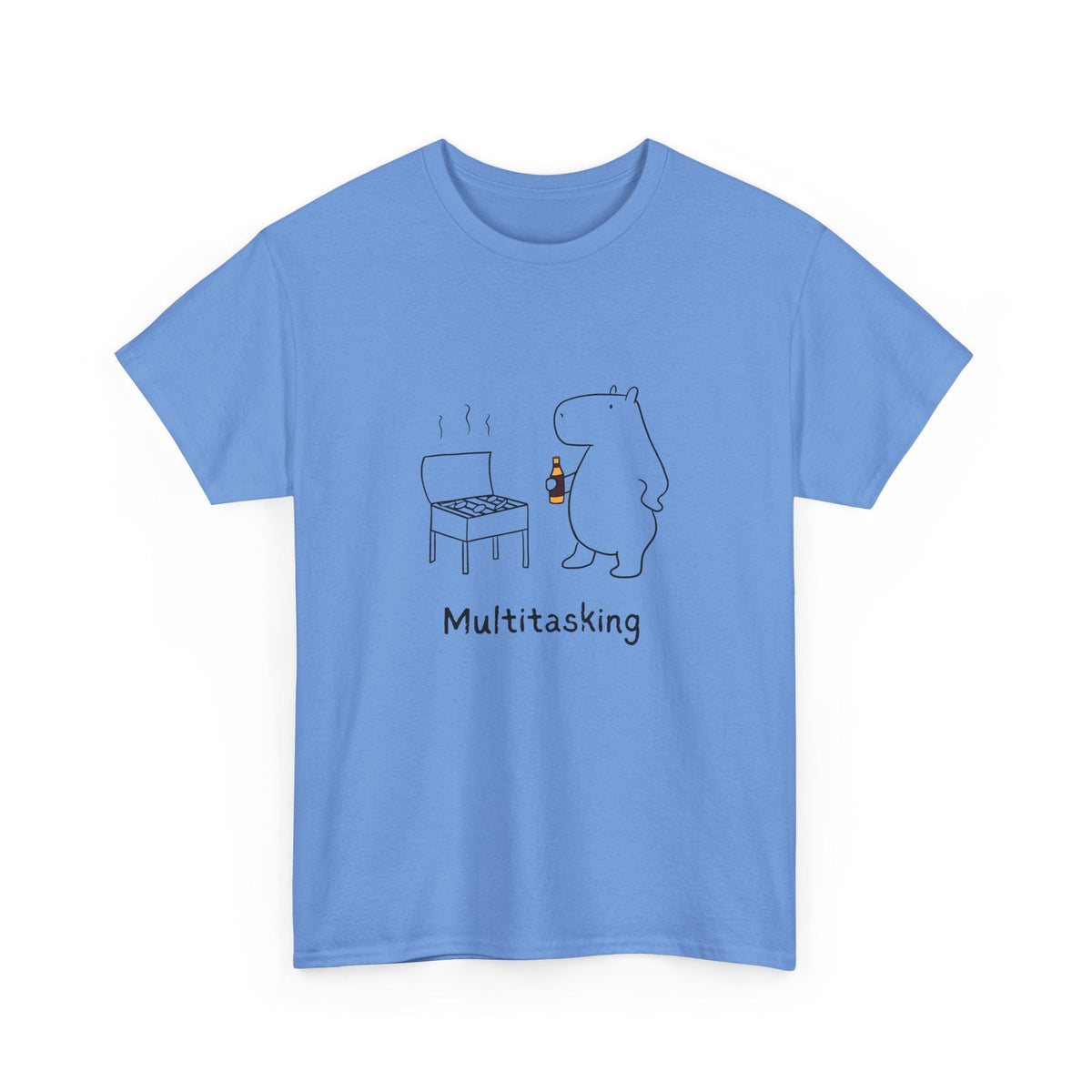 Capy Life blue heavy cotton t-shirt featuring a minimalist graphic of a capybara grilling with the text Multitasking
