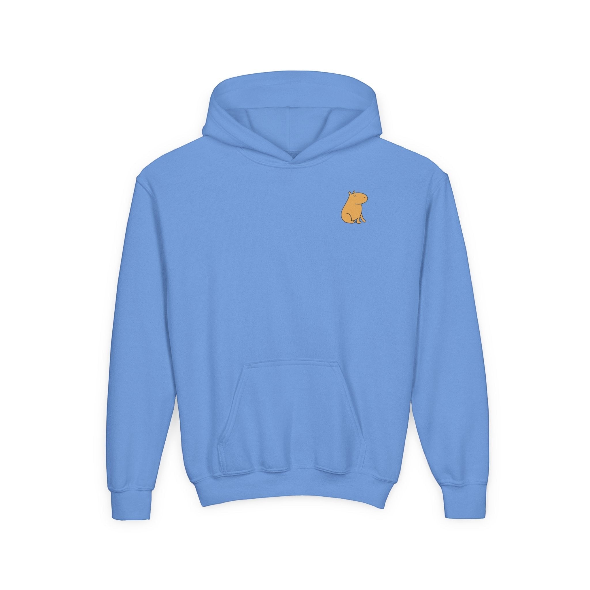 Capy Life blue fleece-lined hoodie with a small minimalist capybara graphic on the left chest and kangaroo pocket