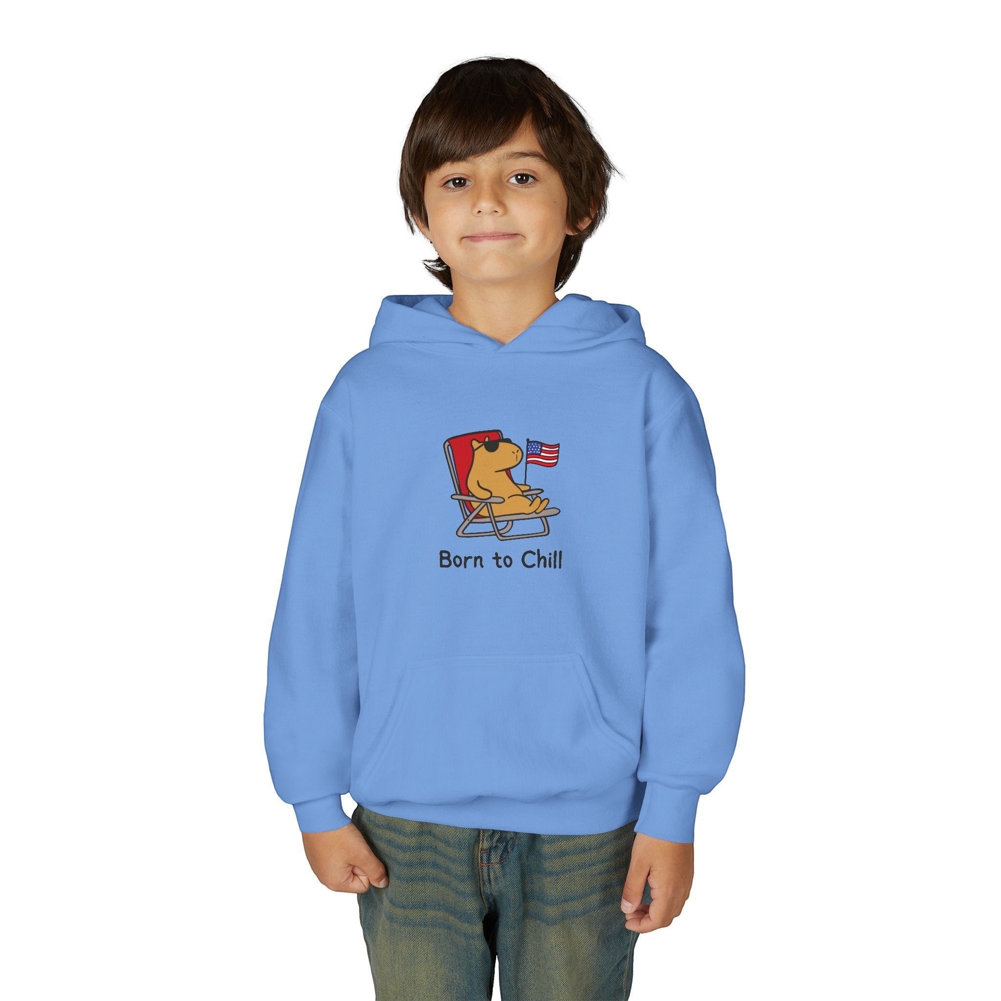 Capy Life youth hoodie in light blue featuring a capybara lounging in a chair with an American flag and Born to Chill text