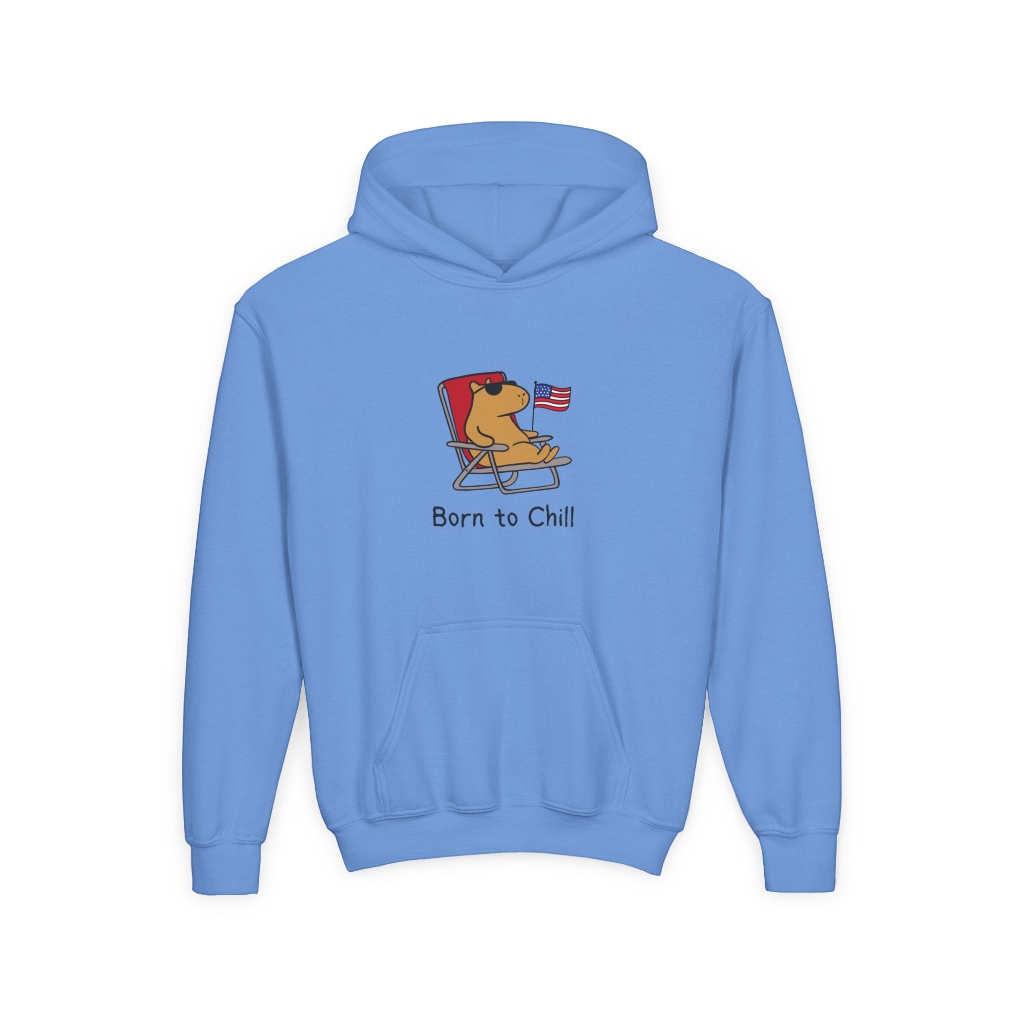 Capy Life youth hoodie in light blue featuring a capybara lounging in a chair with an American flag and Born to Chill text