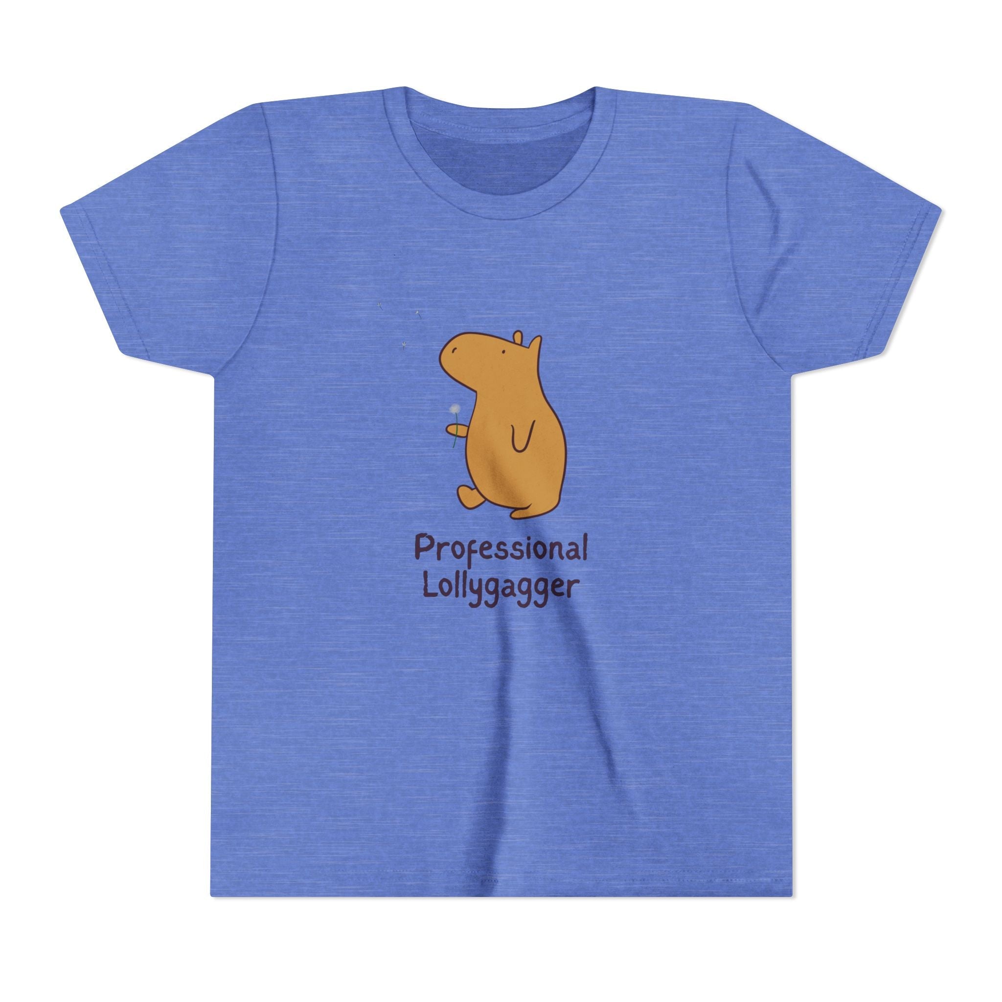 Capy Life blue kids t-shirt featuring a hand-drawn capybara illustration and the text Professional Lollygagger.