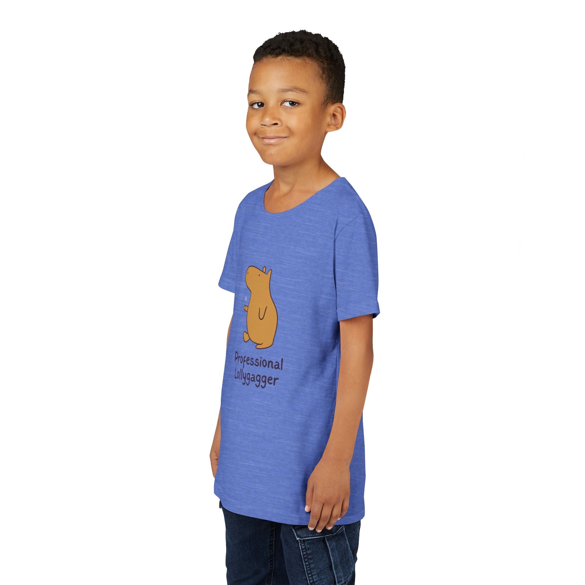 Young boy wearing a blue Capy Life kids t-shirt with a hand-drawn capybara graphic and Professional Lollygagger text.