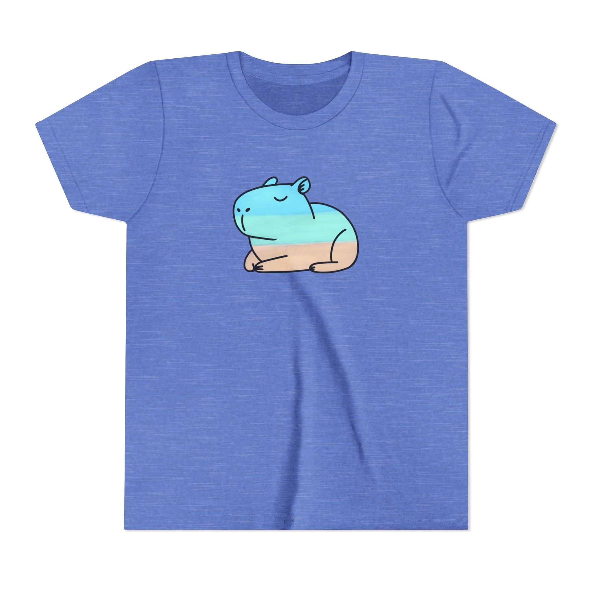 Capy Life kids blue heather t-shirt featuring a hand-painted coastal capybara graphic on the front