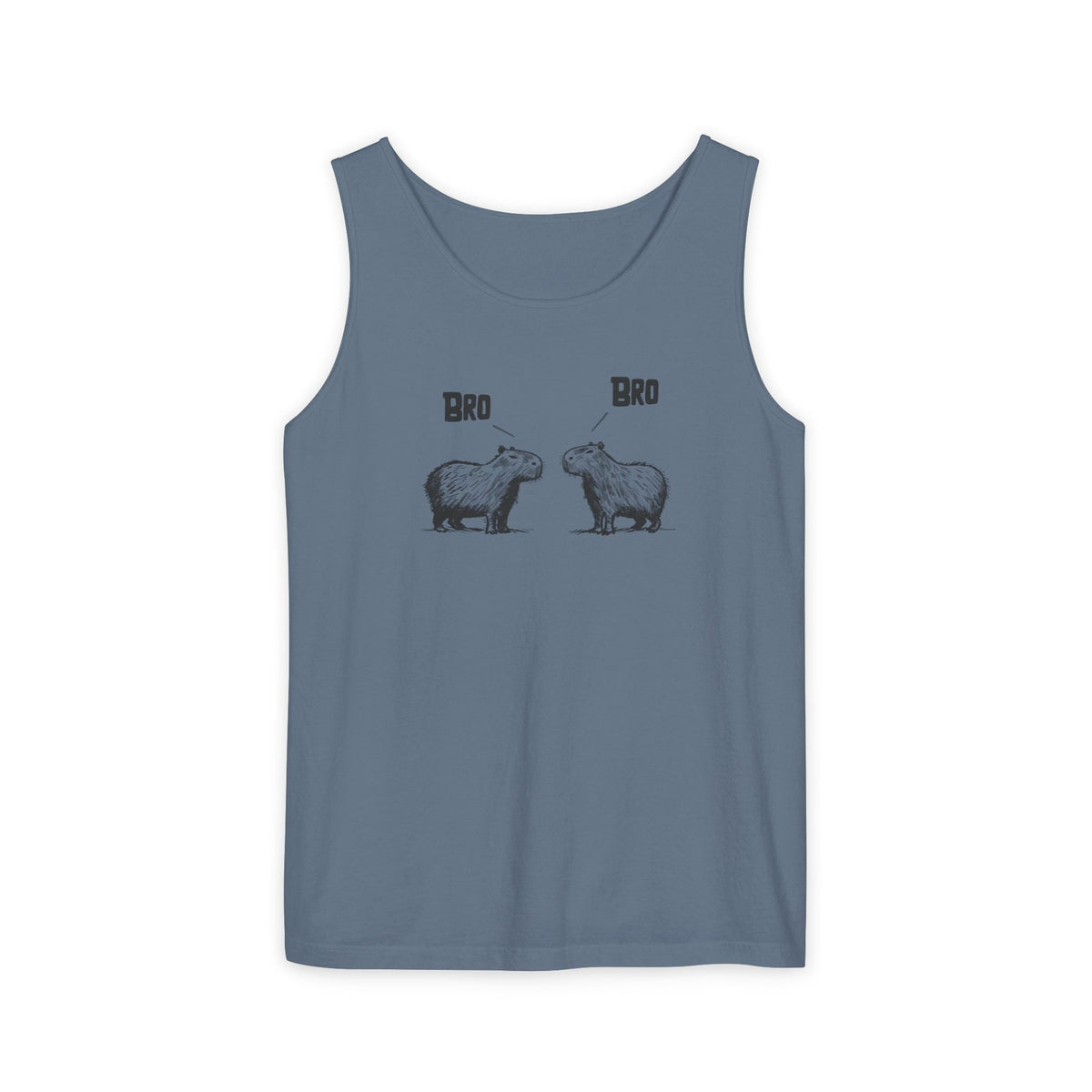 Capy Life blue tank top featuring a sketch-style graphic of two capybaras saying Bro to each other