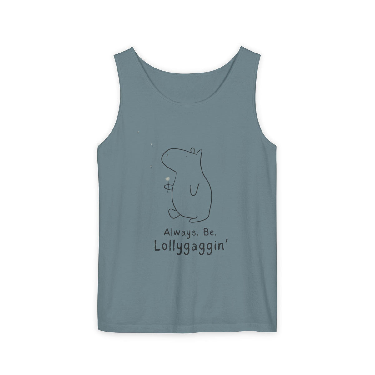 Capy Life blue Comfort Colors tank top featuring a minimalist line drawing of Gene the Capybara with a dandelion.