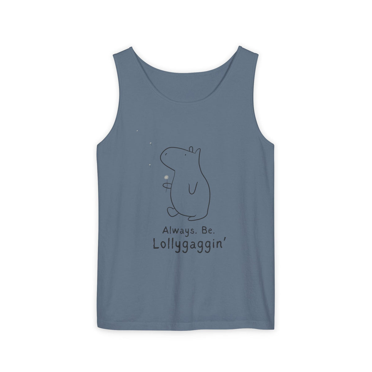 Capy Life blue Comfort Colors tank top featuring a minimalist line drawing of Gene the Capybara with a dandelion.