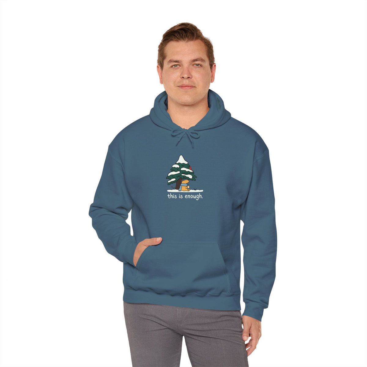 Capy Life blue pullover hoodie featuring a graphic of a capybara under a snowy tree with the text this is enough.