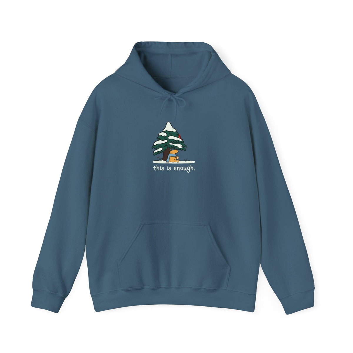 Capy Life blue pullover hoodie featuring a graphic of a capybara under a snowy tree with the text this is enough.