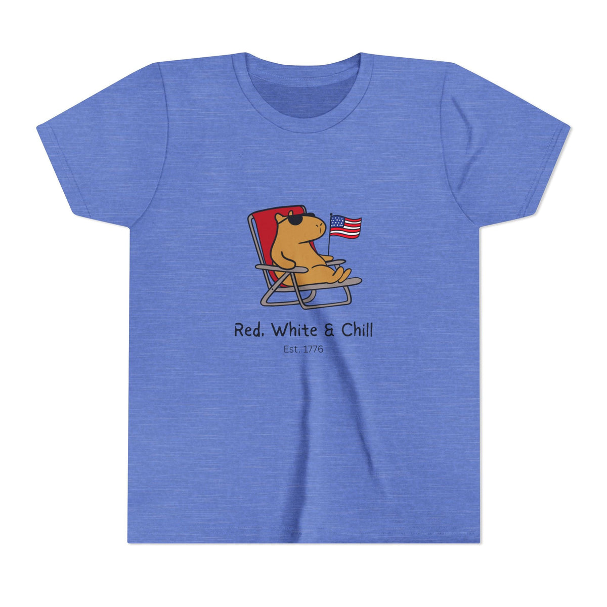 Capy Life blue heather youth t-shirt featuring a graphic of a capybara lounging in a chair with an American flag.