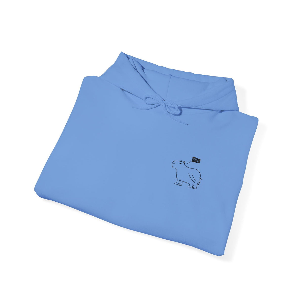 Capy Life blue cotton-poly hoodie featuring minimalist black embroidered capybara design with the word Bro