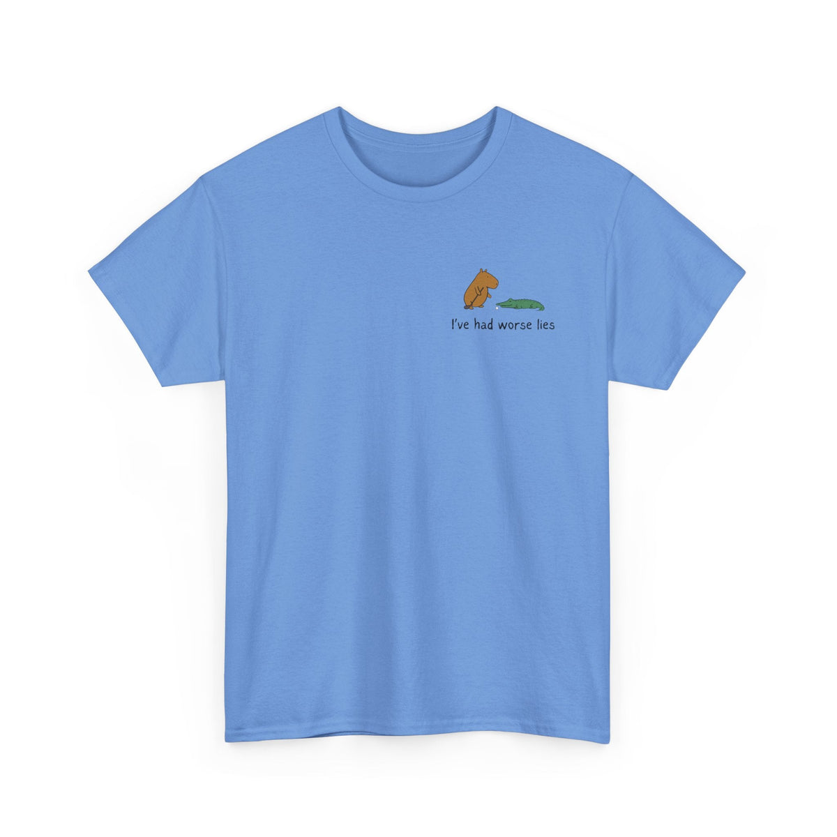 Capy Life blue heavy cotton t-shirt with a small left chest graphic of a capybara and alligator playing golf.