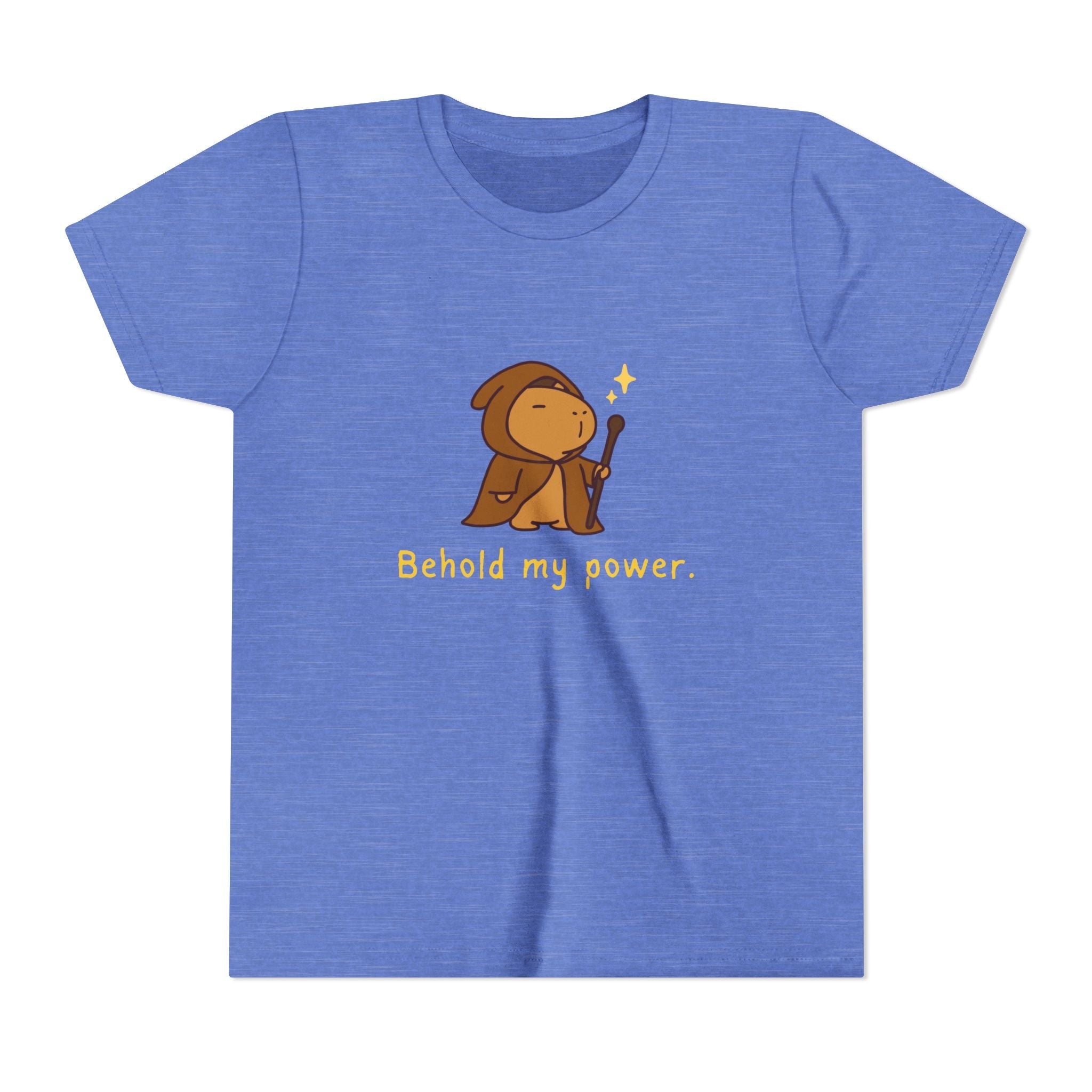 Capy Life kids blue t-shirt featuring a cute wizard capybara graphic with a wand and the text Behold my power.