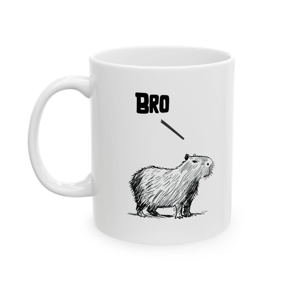 Capy Life white ceramic coffee mug featuring a hand-drawn capybara illustration with the word BRO above it.
