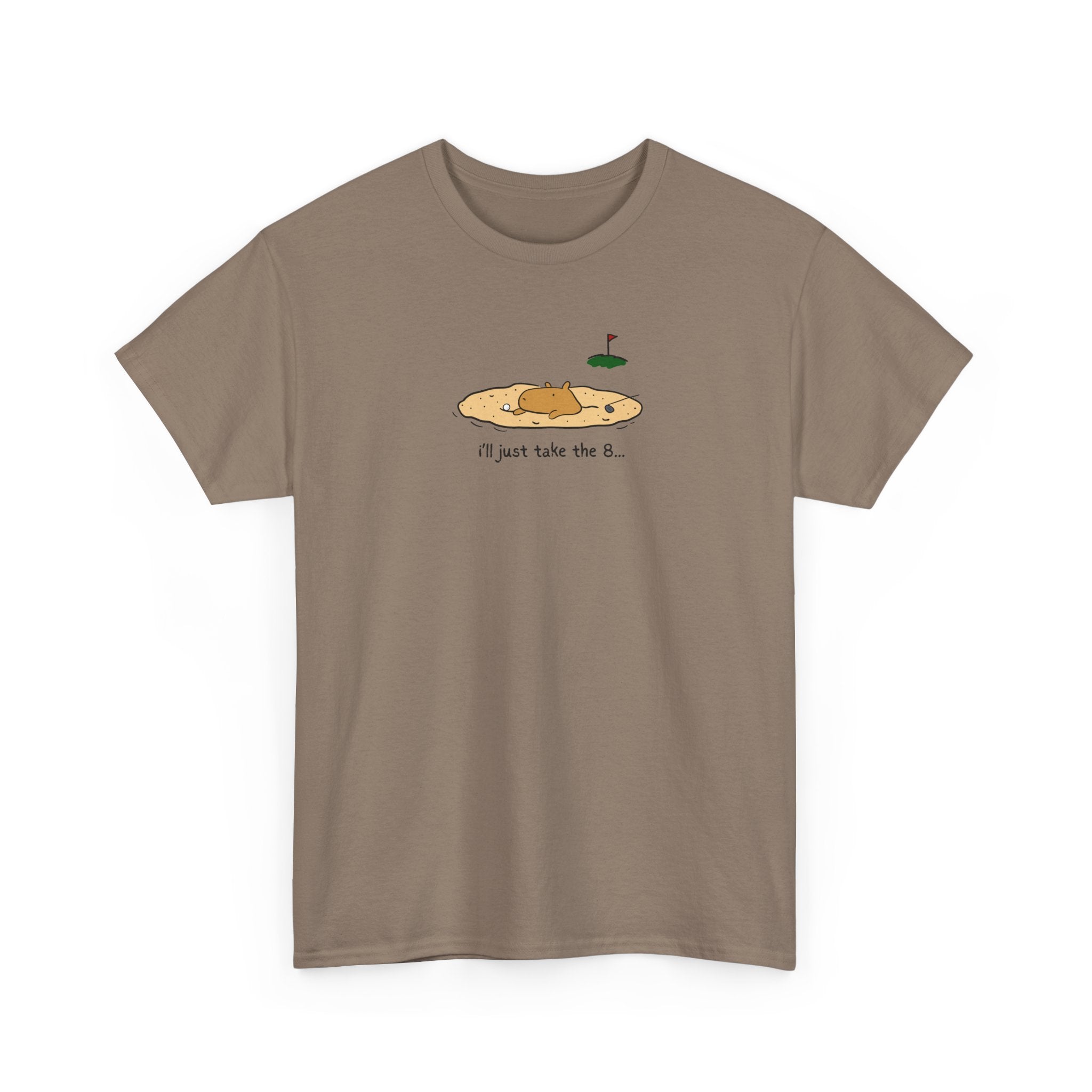 Capy Life brown heavy cotton t-shirt featuring a funny illustration of a capybara in a sand trap with golf text.