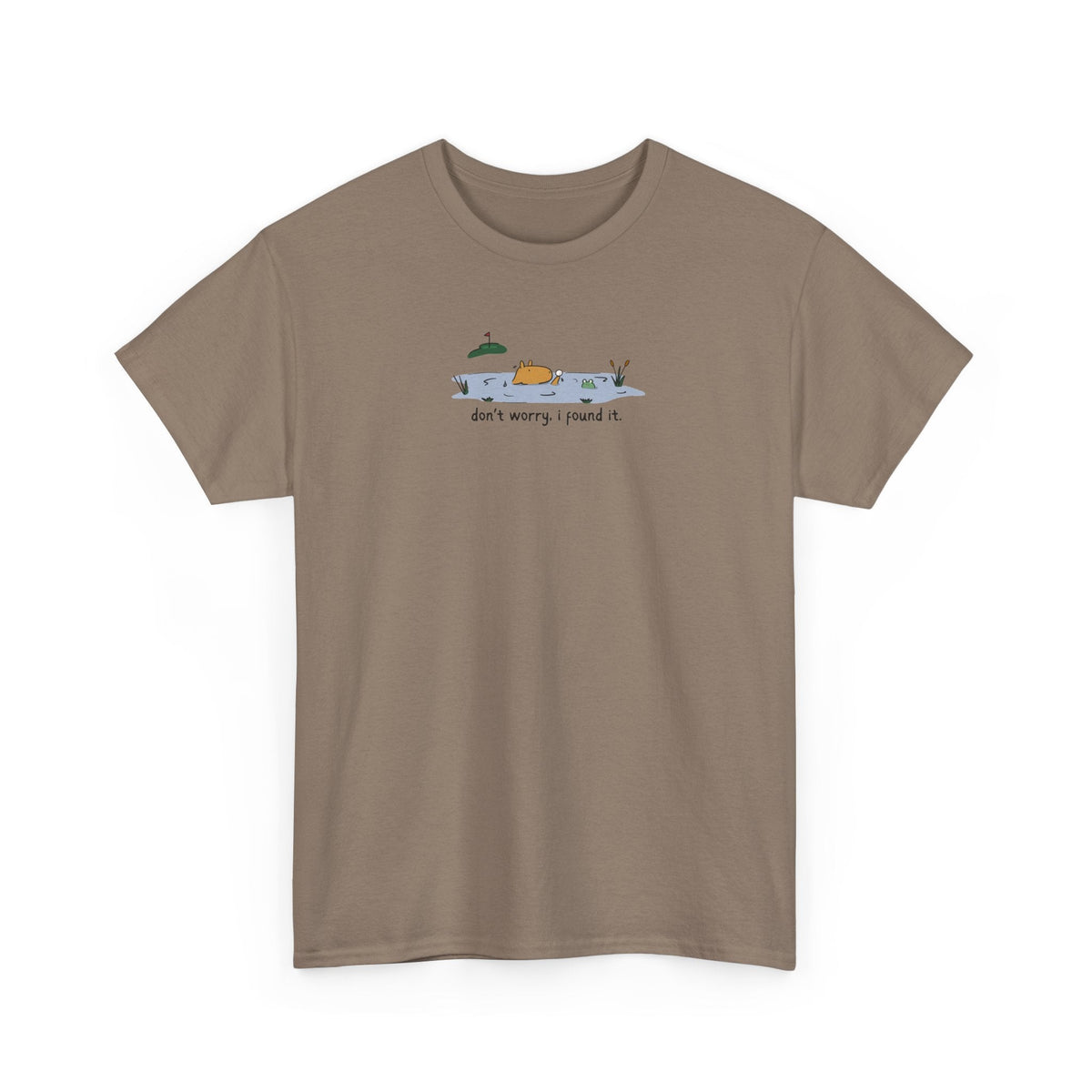 Capy Life brown heavy cotton t-shirt featuring a small center graphic of a capybara in a golf water hazard.