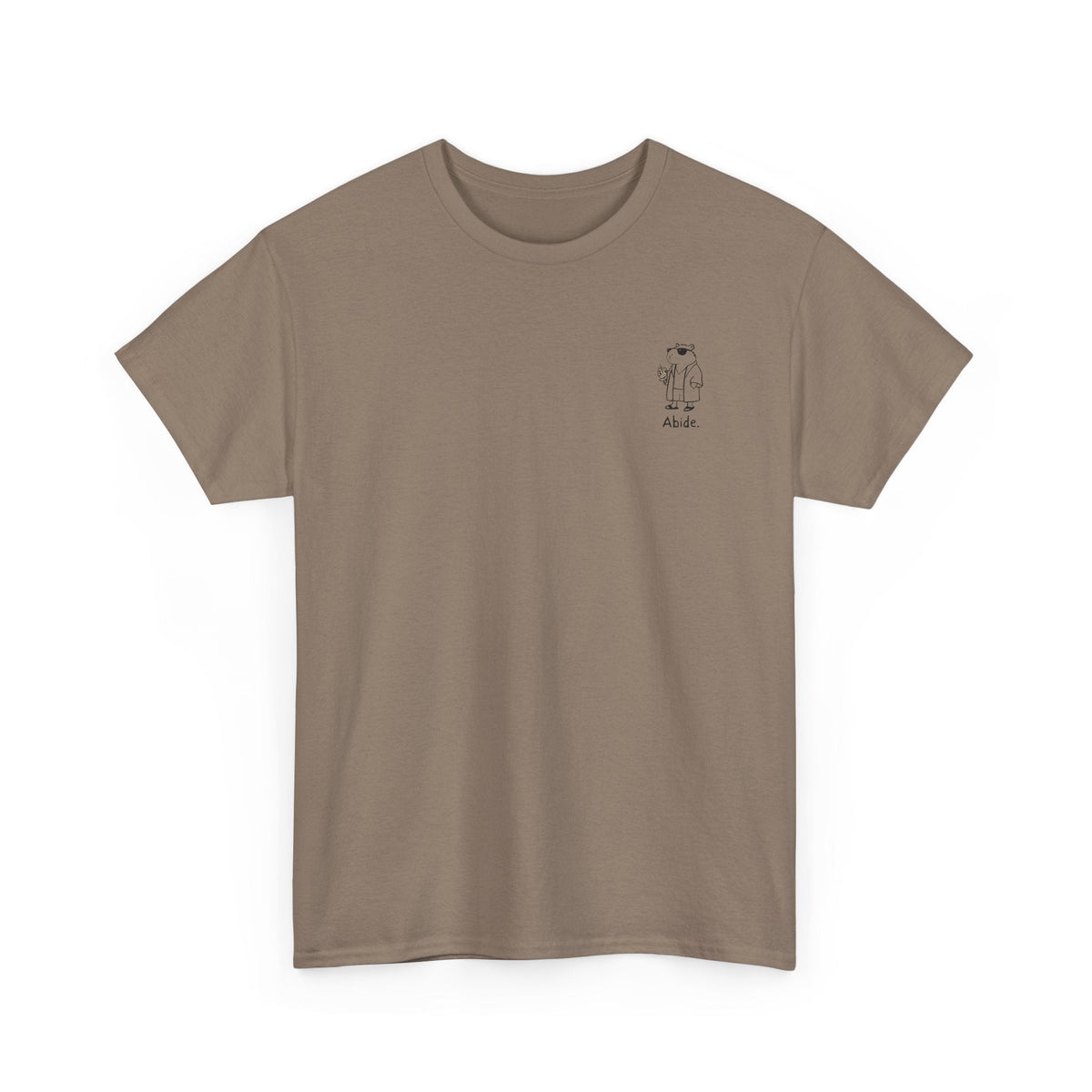 Capy Life brown heavy cotton t-shirt featuring a small left chest graphic of a capybara in a robe with the word Abide.