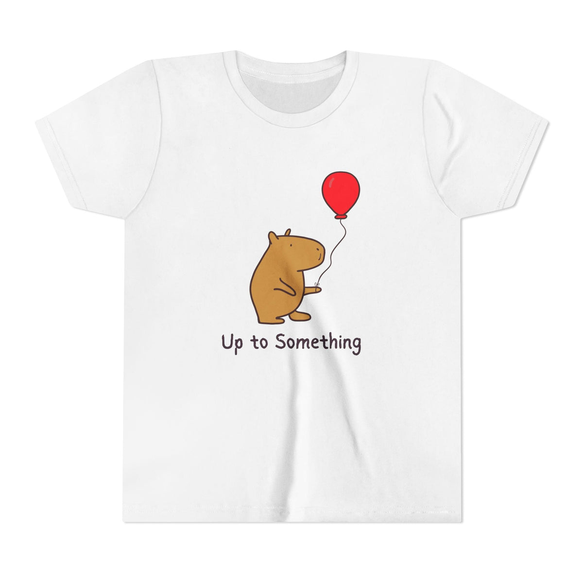 Capy Life white youth t-shirt featuring a cute capybara holding a red balloon with the text Up to Something
