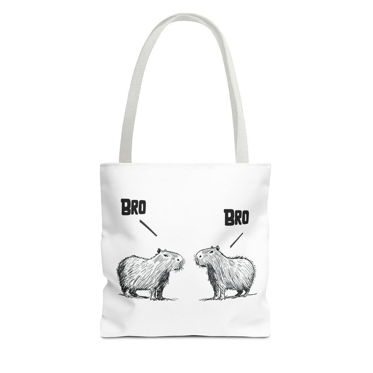 Capy Life premium white canvas tote bag featuring a minimalist sketch of two capybaras saying Bro to each other.