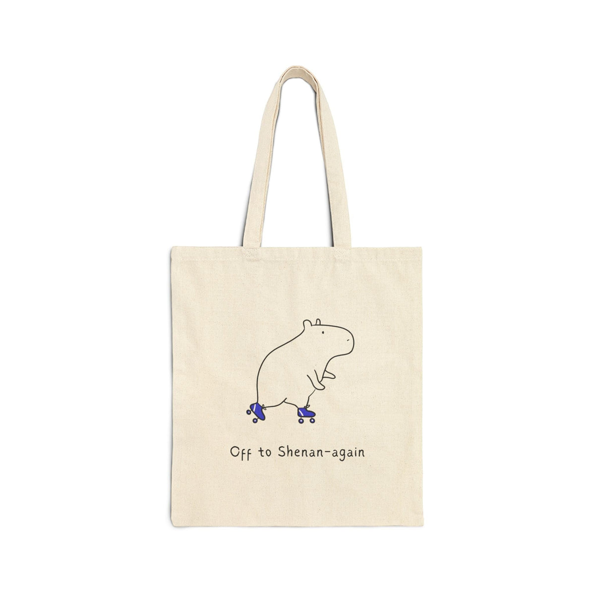 Capy Life natural cotton canvas tote bag featuring a minimalist illustration of a capybara on blue roller skates.