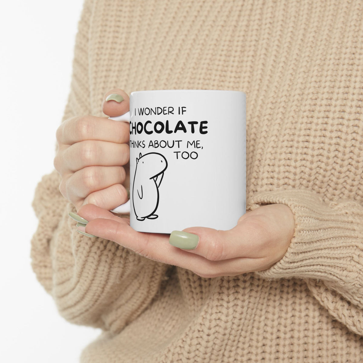 Capy Life white ceramic mug featuring a hand-drawn capybara and the text I wonder if chocolate thinks about me too