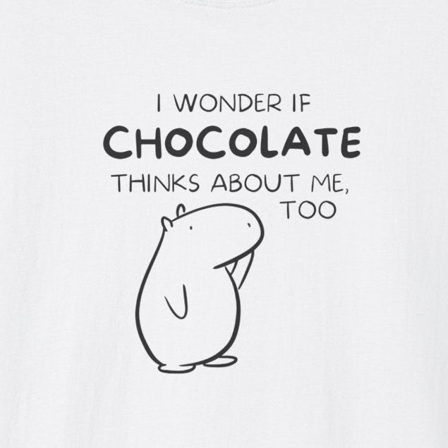 Capy Life white softstyle t-shirt featuring Gene the Capybara line art and the text I wonder if chocolate thinks about me