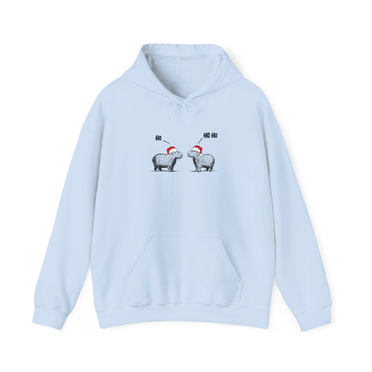 Capy Life light blue hoodie featuring a sketch of two capybaras in Santa hats saying Ho Ho Ho