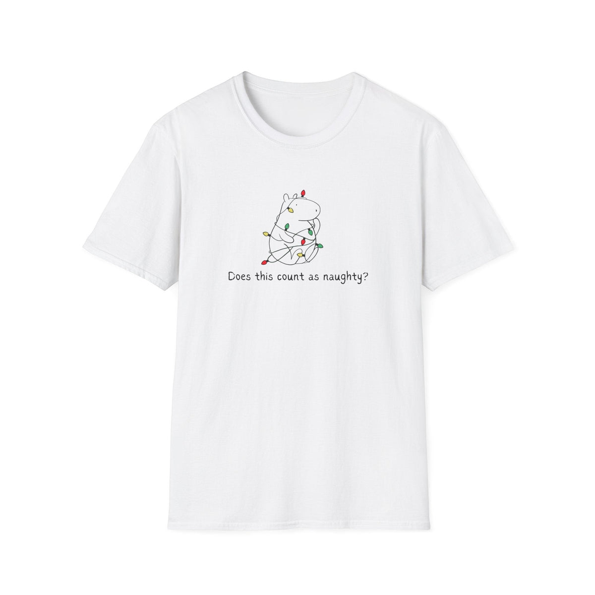 Capy Life white softstyle t-shirt featuring a hand-drawn capybara tangled in colorful Christmas lights.