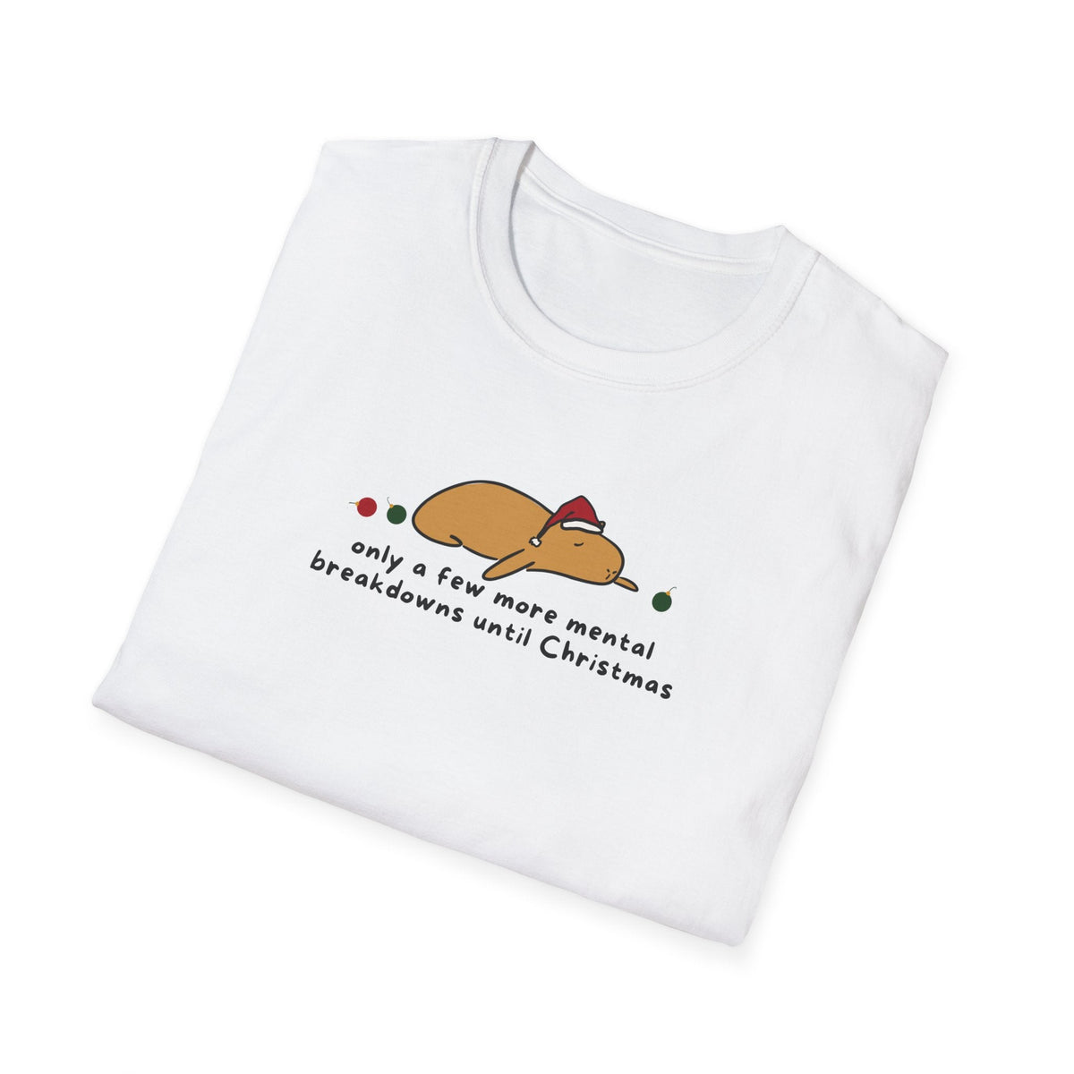 Capy Life white softstyle t-shirt featuring a cute capybara in a Santa hat with funny Christmas text.
