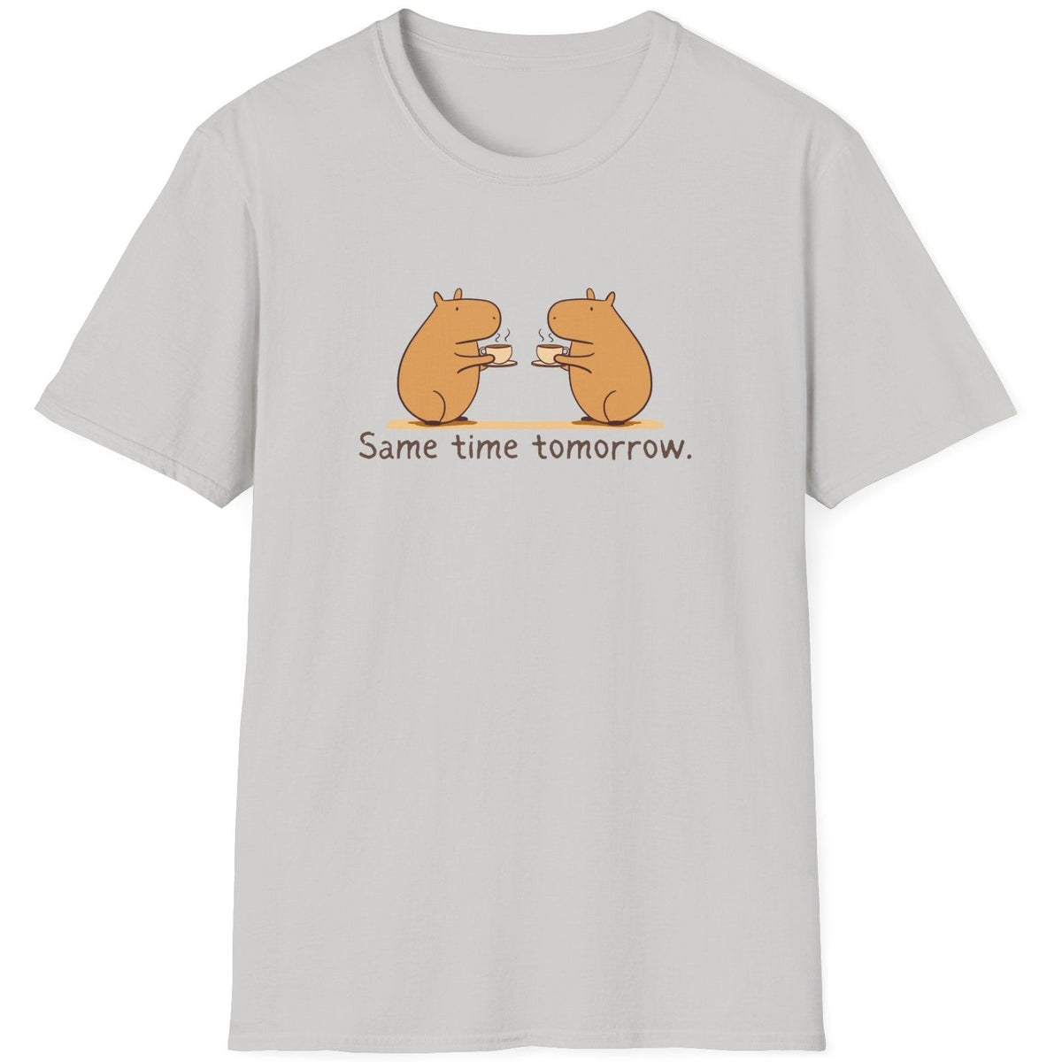 Capy Life light grey softstyle t-shirt featuring a hand-drawn illustration of two capybaras drinking coffee together.