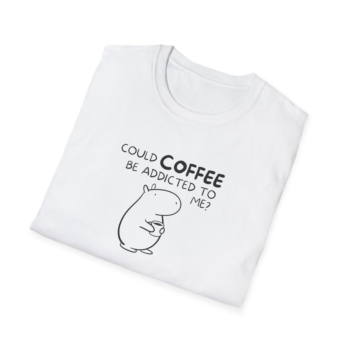 Capy Life white softstyle t-shirt featuring a minimalist black line drawing of Gene the capybara holding a coffee cup.