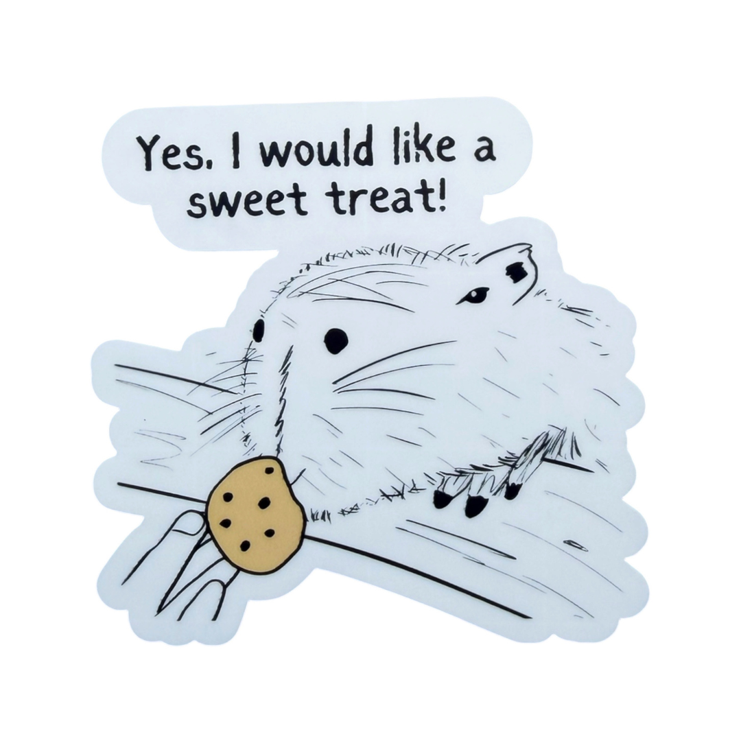 Capy Life die cut sticker featuring a hand-drawn capybara reaching for a cookie with the text Yes I would like a sweet treat