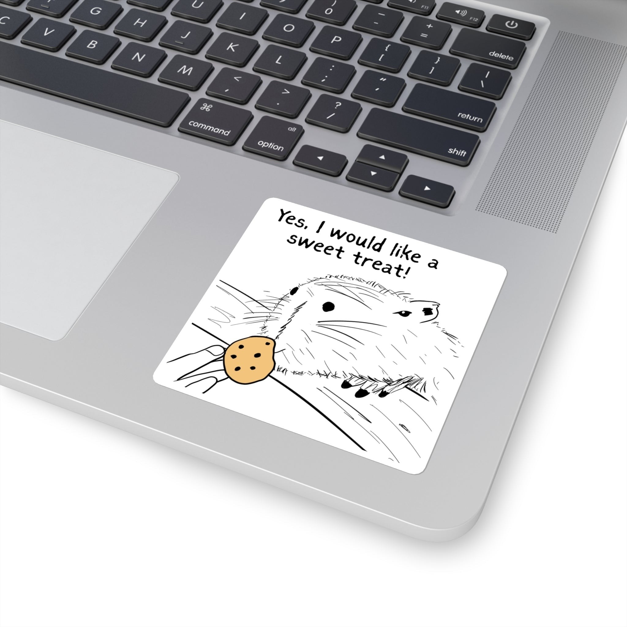 Capy Life sticker on a laptop featuring a hand-drawn capybara holding a cookie with the text Yes I would like a sweet treat