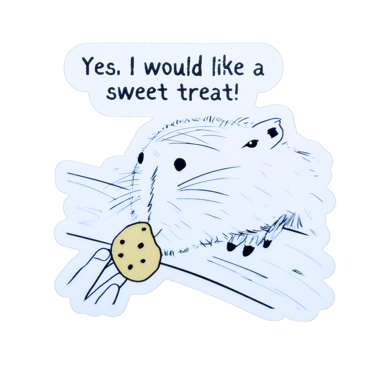 Capy Life die cut sticker featuring a capybara reaching for a cookie with the text Yes I would like a sweet treat