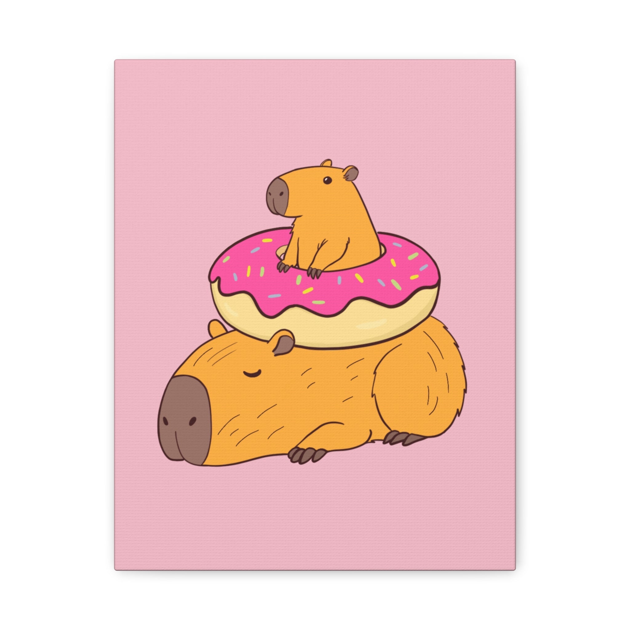 Capy Life canvas wall art featuring a relaxed capybara with a smaller capybara sitting in a pink frosted donut.