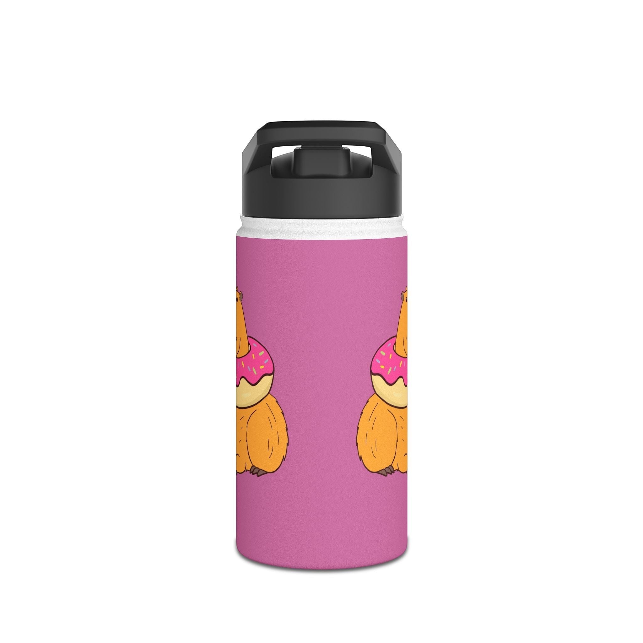 Capy Life 12oz insulated stainless steel kids water bottle featuring a cute capybara in a donut on a pink background.