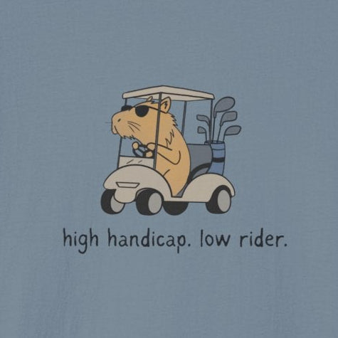 Capy Life softstyle t-shirt in blue featuring a capybara in sunglasses driving a golf cart with the text high handicap low rider